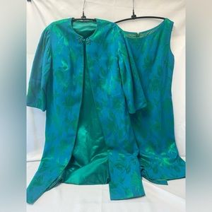 Vintage Mid-Century Green Blue Iridescent Silk Dress and Night Coat